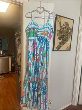 Kristen Williams Sleeveless Seashell Print Maxi Dress in Aqua xl